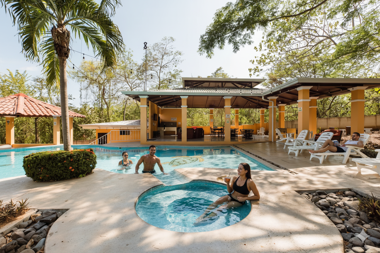 Vista nocturna de la piscina